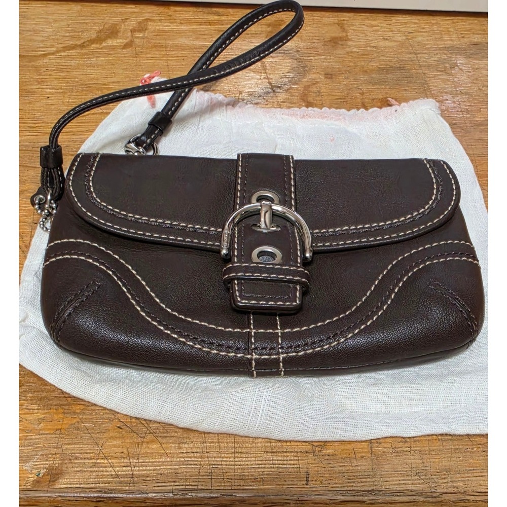 Coach Soho Dark Brown Leather Buckle Wristlet Pouch Bag Silver Hardware